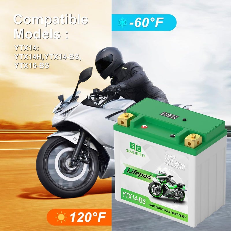 SDULIBITIY بطارية دراجة نارية ليثيوم LiFePO4 YTX14-BS 12.8V 8Ah 680CCA بطارية رياضية للدراجات النارية، متوافقة مع ATV، UTV، جت سكي، بطارية مولد، 4 عجلات - Image 5